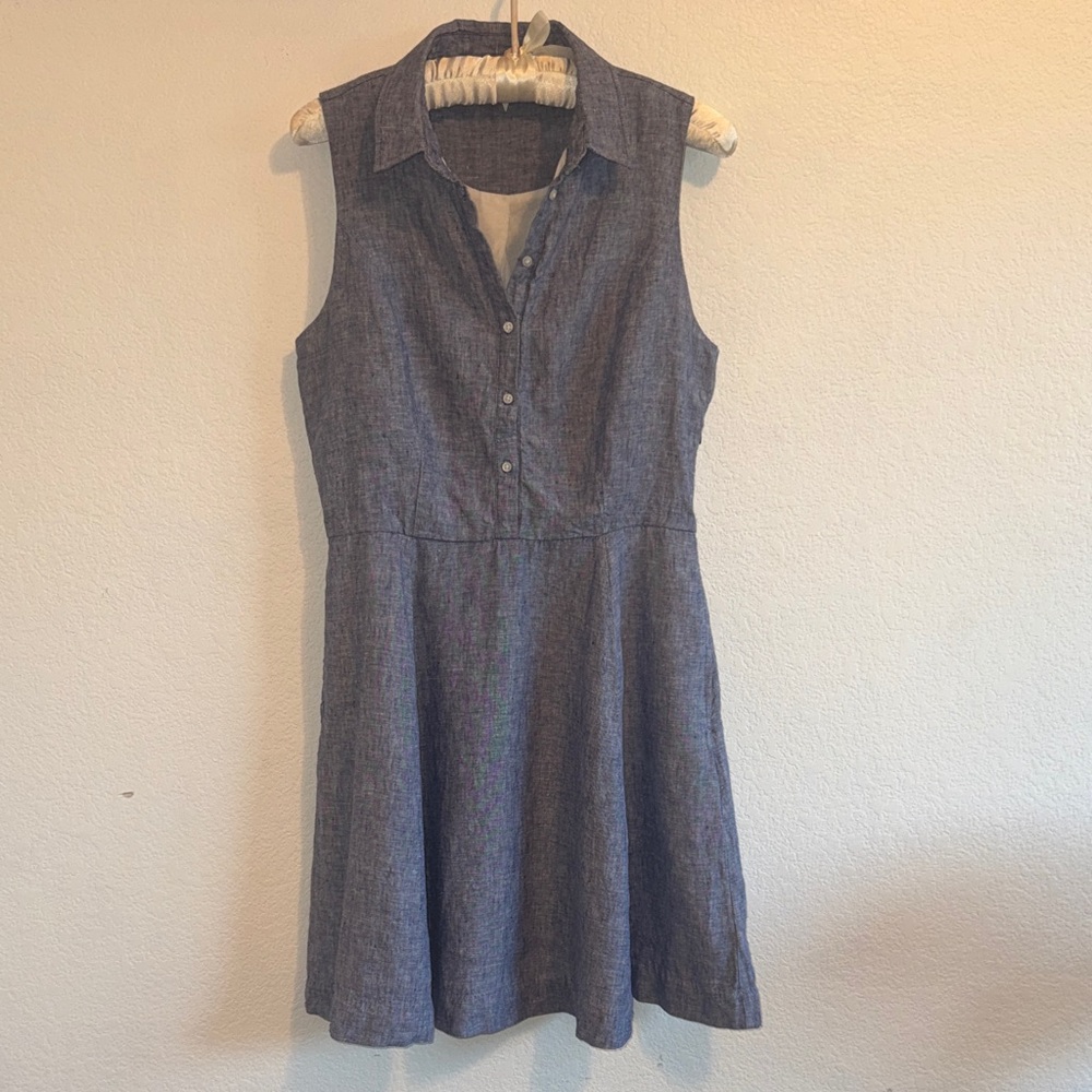 ADRIENNE VITTADINI DRESS 100% LINEN BLUE CHAMBRAY SLEEVELESS COLLAR SZ 6 - Picture 4 of 12